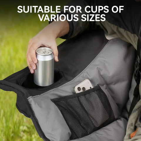 Close-up of cup holder and phone pocket on Two Person Low Seat Camping Couch Fully Padded Oversized Loveseat For Adults