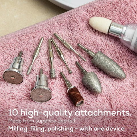 Top Shelf Portable Nail Drill Kit Electric File Machine With Ten Attachments And Ten Sanding Bands For Acrylic Gel Polish Home Manicure Pedicure LED light, 10 precision attachments on a pink towel.