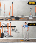 Before and after using 68 Inch All Metal Adjustable Garden Tool Organizer For Garage Wall Mount With Heavy Duty Iron Hooks