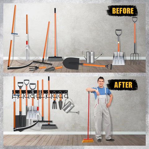 Before and after using 68 Inch All Metal Adjustable Garden Tool Organizer For Garage Wall Mount With Heavy Duty Iron Hooks
