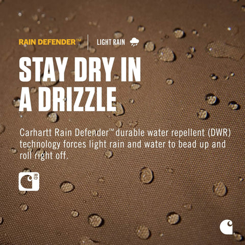 Close-up of brown fabric with water droplets showcasing Carhartt Rain Defender technology on durable fabric.