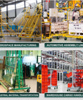 Collage of industrial settings using carts and dollies with caster wheels for manufacturing and transportation