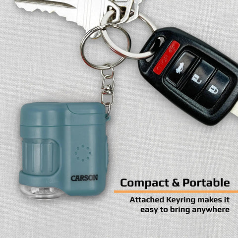 Pocket Microscope Keychain With 20x Magnification, Built-In LED And UV Light, Adjustable Focus, Portable Science Tool For Snapping Fluorescence, Inspecting Currency, Tiny Details, And Everyday Discovery On The Go. blue pocket microscope keychain with attached car keys
