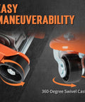 Close-up of orange swivel casters on the Low Profile Hydraulic Floor Jack, 2.5 Ton Capacity for easy maneuverability.