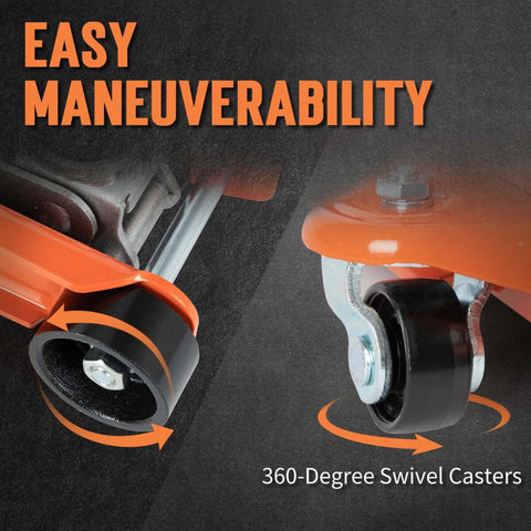 Close-up of orange swivel casters on the Low Profile Hydraulic Floor Jack, 2.5 Ton Capacity for easy maneuverability.