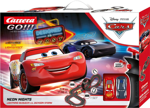 Box of Disney Pixar Cars Neon Nights Electric Slot Car Racing Set With 2 Controllers And 2 Cars In 1 To 43 Scale Totally Fun For Kids