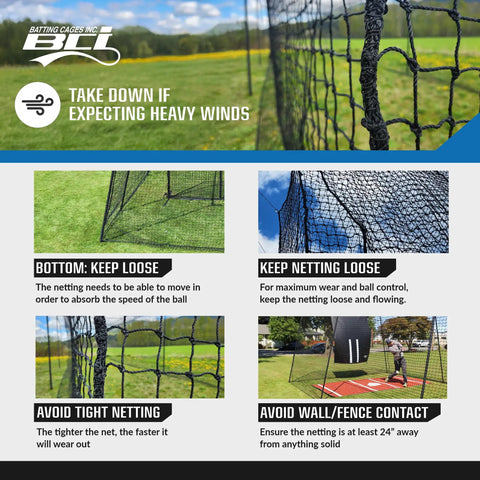 Backyard Batting Cage Net For Baseball And Softball Practice HDPE Pitching Netting With 24 Twine 12 By 14 By 70 Ft setup instructions