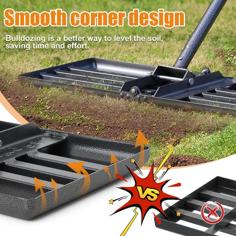 Smooth corner design of Heavy Duty Lawn Leveling Rake With Stainless Steel Handle 72 Inch Yard Leveling Tool on grass