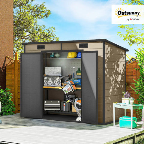 8x4 Outdoor Storage Shed Waterproof Resin With Floor, Window, Lockable Door And Vents For All Weather Garden Tool Storage Open Doors