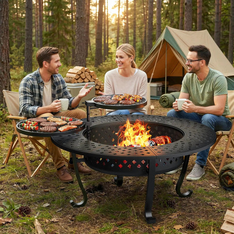 43 Inch Outdoor Fire Pit Table With Two Removable Grills, Lid, And Poker in use during a camping trip with three people seated around it