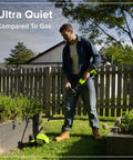 Man using No Wiring Worries 24v Cordless String Trimmer Equipped With Brushless Motor And Fifteen Inch Wide Cutting Deck in garden.