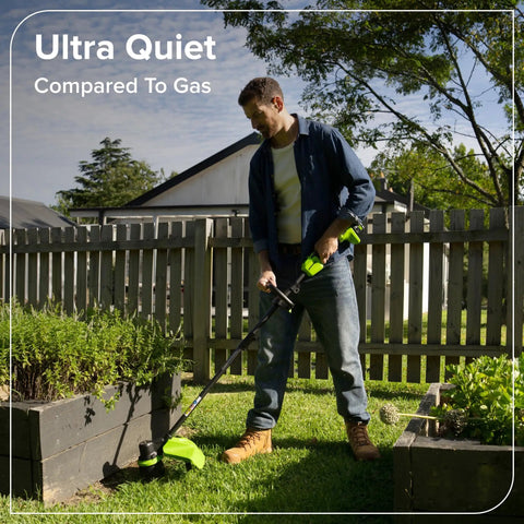 Man using No Wiring Worries 24v Cordless String Trimmer Equipped With Brushless Motor And Fifteen Inch Wide Cutting Deck in garden.