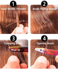 Micro Links Hair Extensions Kit With Stainless Steel Beads Closer And Remover Pliers, Pulling Hook, Bead Tool, Loop Needle, And Leather Pouch For Quick, No Fuss Feather And Hair Extensions. 4-step hair extension tools: loop needle, pulling needle, clamping beads, opening beads