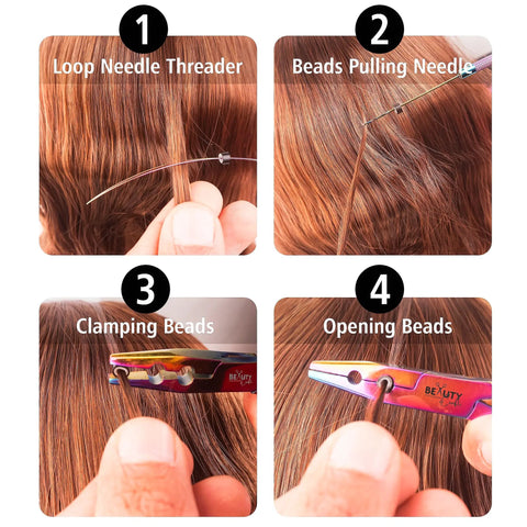 Micro Links Hair Extensions Kit With Stainless Steel Beads Closer And Remover Pliers, Pulling Hook, Bead Tool, Loop Needle, And Leather Pouch For Quick, No Fuss Feather And Hair Extensions. 4-step hair extension tools: loop needle, pulling needle, clamping beads, opening beads