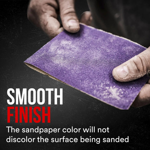 Hands holding Pro Grade 150 Grit Sandpaper Pack With No Slip Grip Backing, 9 By 11 Inches sheet, dusted with sanding particles.