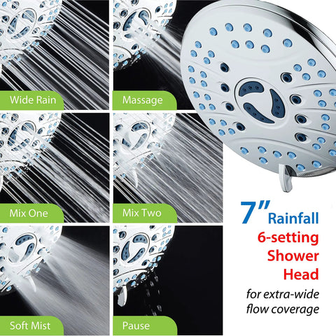 High Pressure 50 Mode Rain And Handheld Shower Head Combo With Anti Clog Nozzles, 3 Way Operation, Extra Long 6 Foot Stainless Steel Hose, All Chrome Finish, Built For Tub Tile Pet Washing And Power Wash