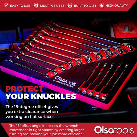 15 Piece SAE Combination Wrench Set Built From Chrome Vanadium Steel With Precision 12 Point Box End For Maximum Torque And Slip Resistance Unbreakable Heavy Duty Wrench Set Built To Last For Frustration Free Auto And Home DIY displayed in a foam tray with red accents.