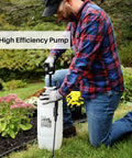 Person using Two Gallon Lawn And Garden Sprayer With 34 Inch Anti Kink Hose, Thumb Operated Control Valve With Lock in garden