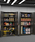72 Inch Locking Steel Storage Cabinet With Four Adjustable Shelves And Two Doors Black Beefy Heavy Duty Garage File Office Home Organizer For Secure Storage And Easy Access filled with tools and supplies