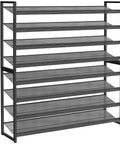 Heavy Duty Metal Shoe Rack Keeps Fifty Pairs Of Kicks Neat Eight Tier Entryway Closet Organizer With Removable Boot Shelf And Matte Black Finish.