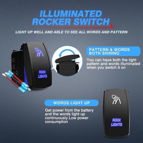 Blue Rock Lights Rocker Switch Kit With 5 Pin SPST On Off Toggle 20A 12V Blue LED Lights Easy Install Includes Jumper Wires