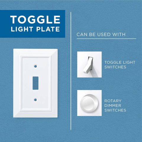 Toggle light plate with examples of compatible toggle light and rotary dimmer switches on blue background.