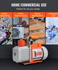 Front view of a VEVOR 7 CFM dual-stage HVAC vacuum pump, orange/gray housing with oil bottle