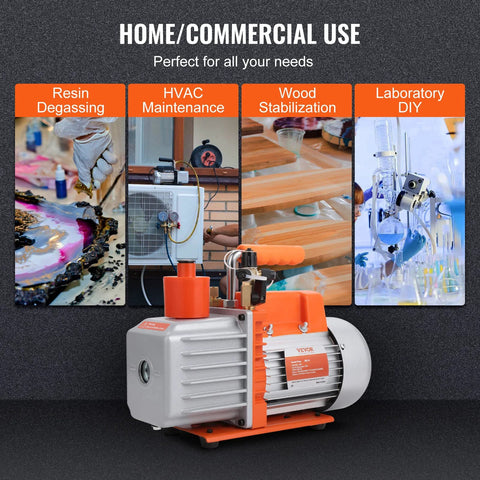 Front view of a VEVOR 7 CFM dual-stage HVAC vacuum pump, orange/gray housing with oil bottle
