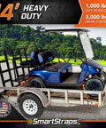 4 Pack 14 Ft Ratchet Straps With Badass 3000 Lb Break Strength And 1000 Lb Safe Work Load for securing golf carts on a trailer.