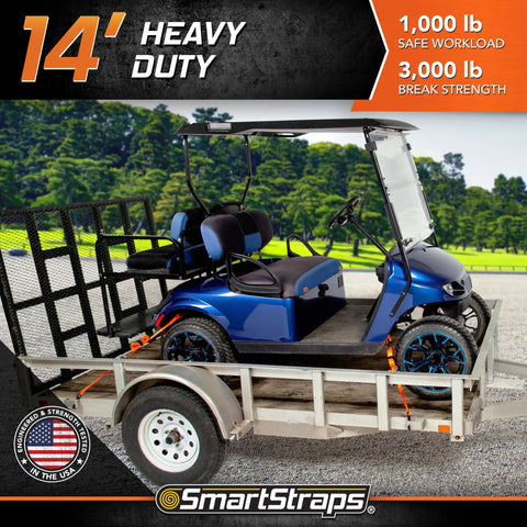 4 Pack 14 Ft Ratchet Straps With Badass 3000 Lb Break Strength And 1000 Lb Safe Work Load for securing golf carts on a trailer.