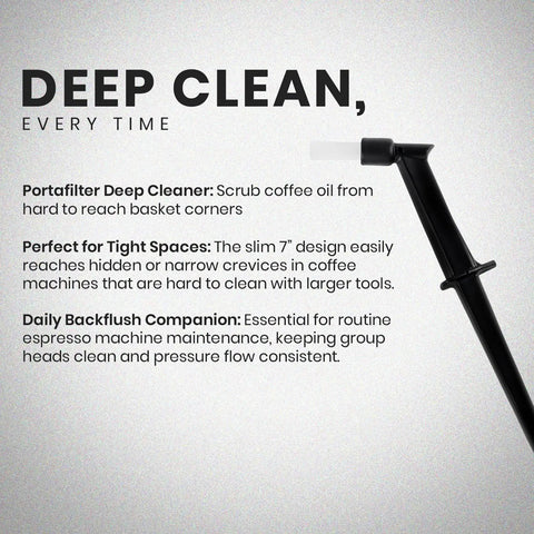 7 Inch Espresso Machine Group Brush with Drip Guard Slim Backflushing Cleaning Tool shown with deep clean text