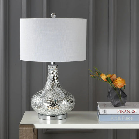 Emilia 26 Inch Mirrored Mosaic LED Table Lamp Contemporary Glam Bedside Desk Nightstand Light That Delivers A Lit Glow