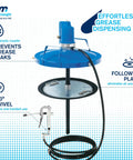 Professional Air Operated Grease Pump For 120 Lb Drums Built Tough To Crush Daily Shop Grind With A Silent Noncorrosive Motor And Complete Booster Gun Hose Plus Rolling Cart Kit with blue follower plate and swivel nozzle.