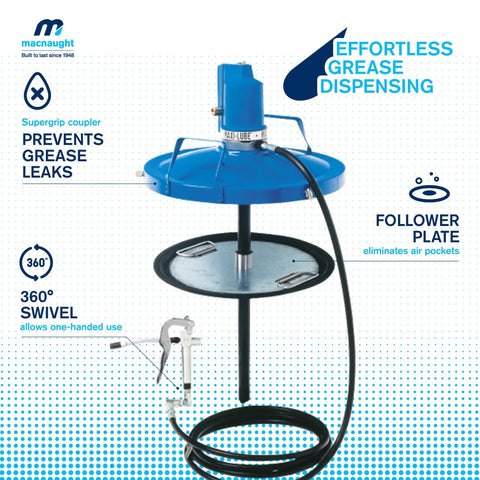 Professional Air Operated Grease Pump For 120 Lb Drums Built Tough To Crush Daily Shop Grind With A Silent Noncorrosive Motor And Complete Booster Gun Hose Plus Rolling Cart Kit with blue follower plate and swivel nozzle.