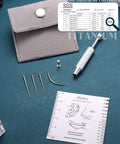 Titanium Piercing Threader Tool Kit For 14G 16G 18G 20G Insertion And Stretching, ASTM F136, tools, case, and gauge on display.