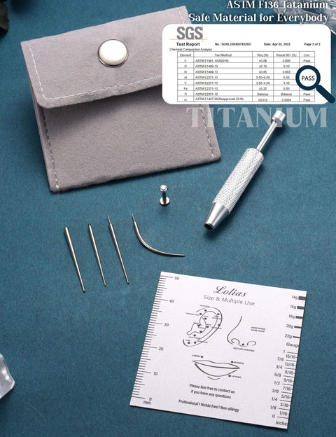 Titanium Piercing Threader Tool Kit For 14G 16G 18G 20G Insertion And Stretching, ASTM F136, tools, case, and gauge on display.