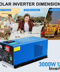 Heavy Duty 3000W Pure Sine Wave Inverter Charger for Off Grid Power 12V to 120V AC with dimensions and usage scenes displayed