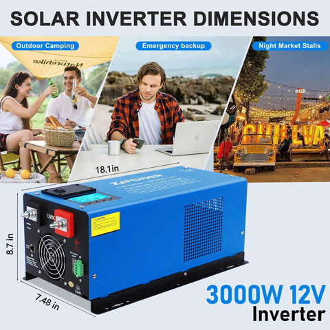 Heavy Duty 3000W Pure Sine Wave Inverter Charger for Off Grid Power 12V to 120V AC with dimensions and usage scenes displayed