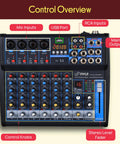 Eight Channel DJ Audio Mixer With Bluetooth Streaming USB Audio Interface DSP FX Mic And Stereo Line Inputs top view