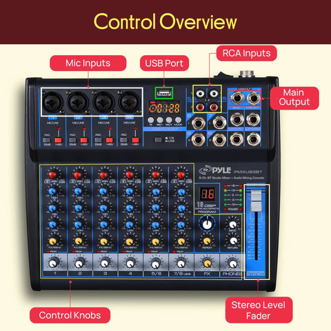 Eight Channel DJ Audio Mixer With Bluetooth Streaming USB Audio Interface DSP FX Mic And Stereo Line Inputs top view