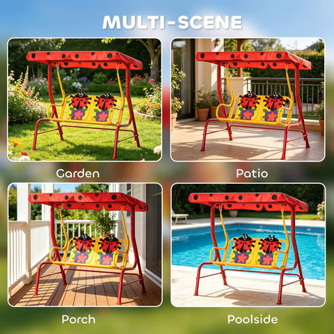 Kids Patio Swing Bench With Adjustable Canopy And Safety Belt 2-Seater Outdoor Swing Chair With Fun Ladybug Pattern