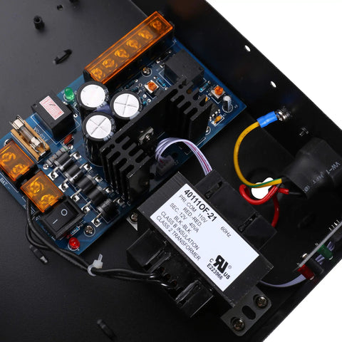 Close-up of Heavy Duty Access Control Power Supply Box components, showing circuit board and transformer for Wiegand boards.