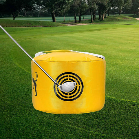 Golf Impact Bag for Swing Training, Durable Waterproof Hitting Bag on grass with a club hitting target area.
