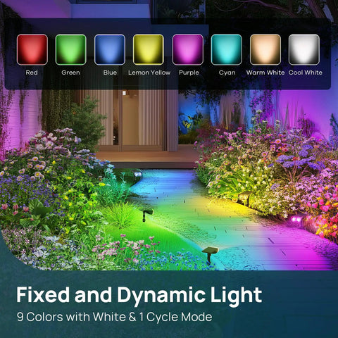RGB Solar Spotlight Lights Outdoor Waterproof IP65 Color Changing illuminate a garden path with vibrant colors, 2 pack visible.