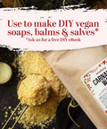 Straight Up Pure Carnauba Wax Flakes For Smooth Skin Care And Lip Balm Making Real Deal Vegan Candle Wax With Leather And Wood Finish Must Have DIY Staples Eight Ounce Bag in a measuring spoon.