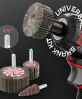 Close-up of twenty piece flap wheel sanding kit, showcasing quarter inch drill shank and high grit abrasives for rust removal.