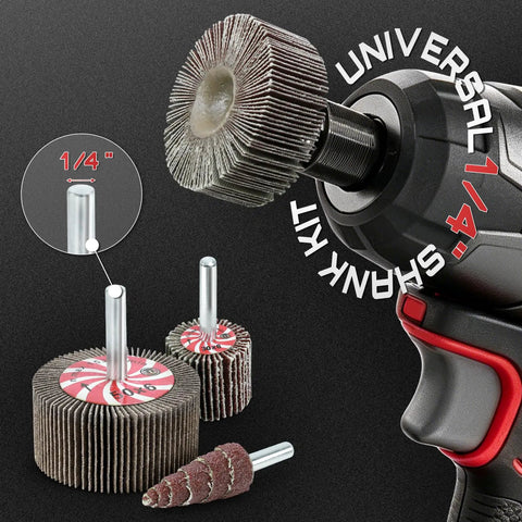 Close-up of twenty piece flap wheel sanding kit, showcasing quarter inch drill shank and high grit abrasives for rust removal.