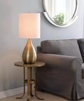 Droplet Table Lamp In Antique Brass Finish With Tall White Drum Shade Dope Modern Living Room Accent Light 29 Inch Tall