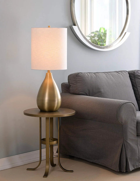 Droplet Table Lamp In Antique Brass Finish With Tall White Drum Shade Dope Modern Living Room Accent Light 29 Inch Tall