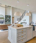 White Woven Pendant Light Boho Chic Chandelier Dome Fixture above kitchen island, adjustable 60 inch cord, rattan wicker style